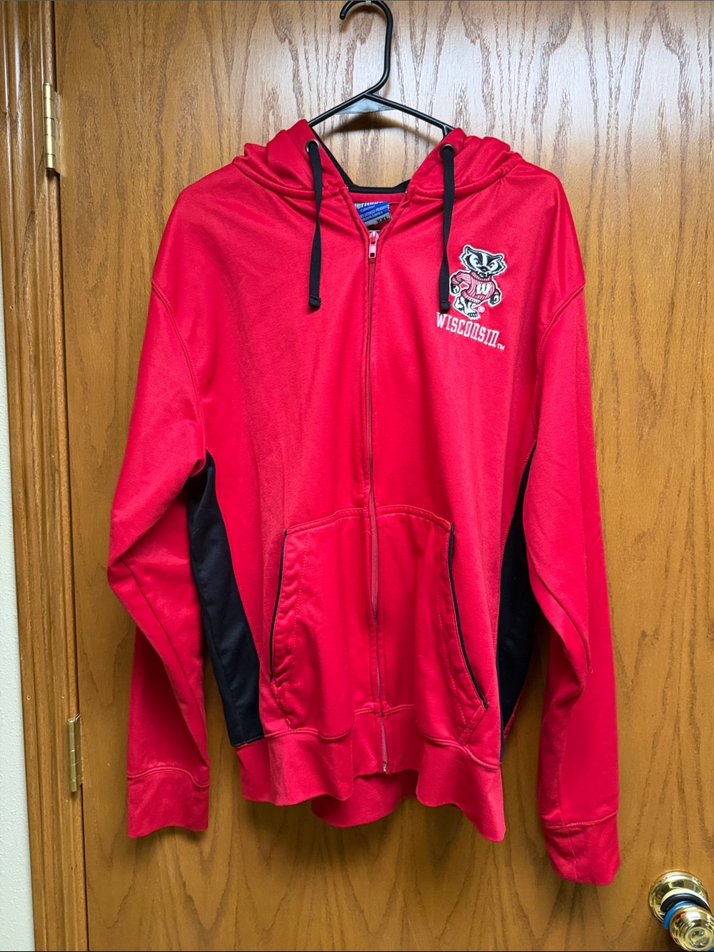 Campus Heritage Red Hoodie with Black Panels and Wisconsin Patch